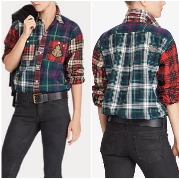 Polo Ralph Lauren Tops - Rare ✨ Polo Ralph Lauren Flannel Patchwork Crest Button Down with Patches Small